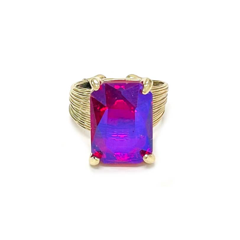 Square Glass Cushion Cut Cocktail Adjustable Wire Ring: GREEN-AB