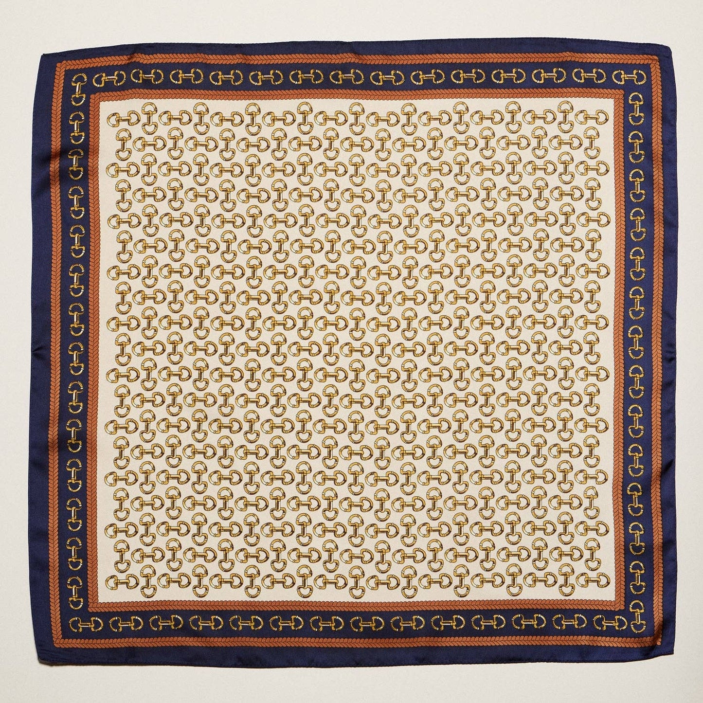 Classic Chain Print Square Scarf | Green & Navy Border Silk-Feel Fashion Scarf: BL / ONE