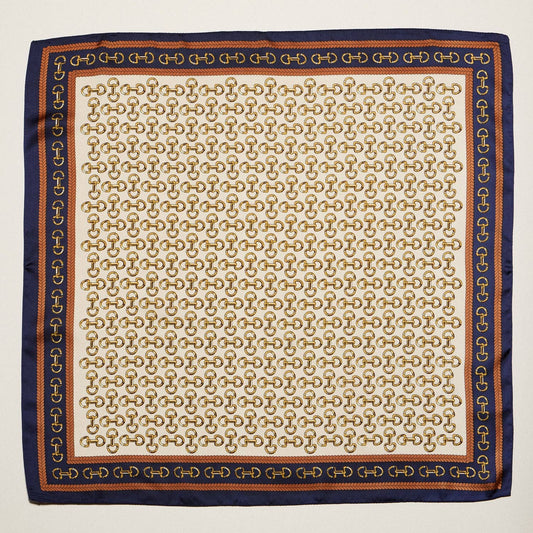 Classic Chain Print Square Scarf | Green & Navy Border Silk-Feel Fashion Scarf: BL / ONE