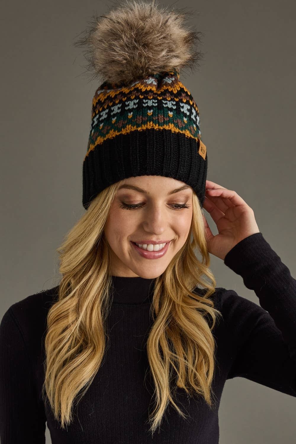 Black & Multicolored Patterned Pom Hat
