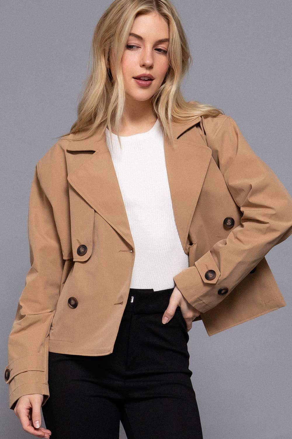 Long Sleeve Front Double Breasted Short Trench Jacket: BLK-black / L