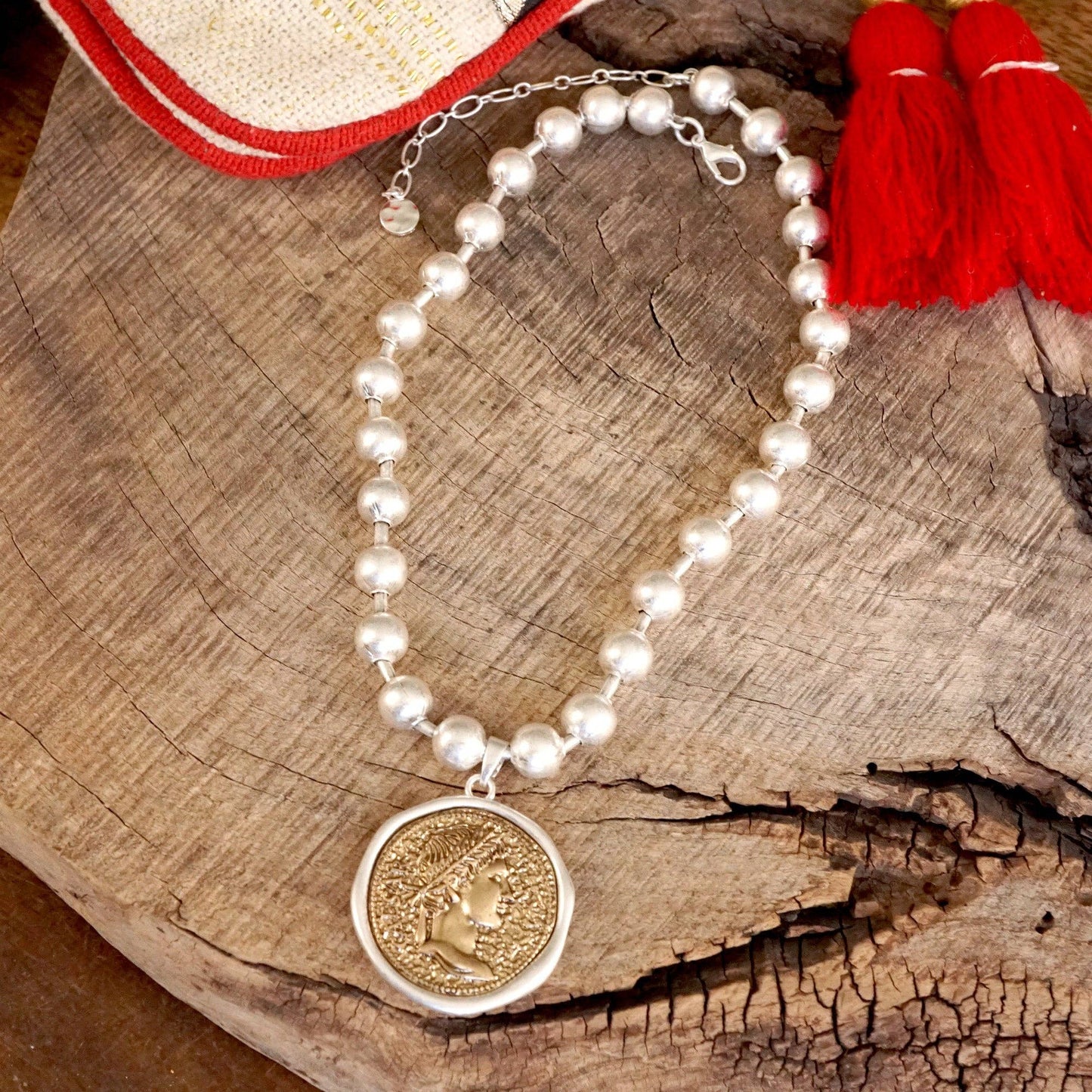 Coin Chunky Ball Chain Statement Necklace – Gold and Silver Tone: Silver