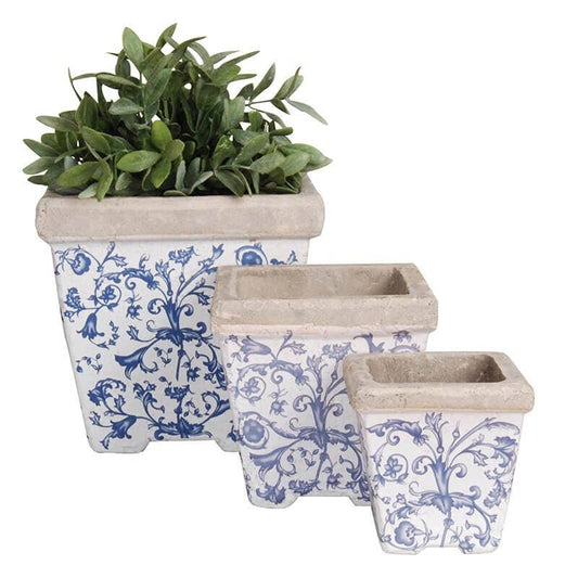 LARGE-Aged Ceramic Set of 3 Square Nesting Flower Pots