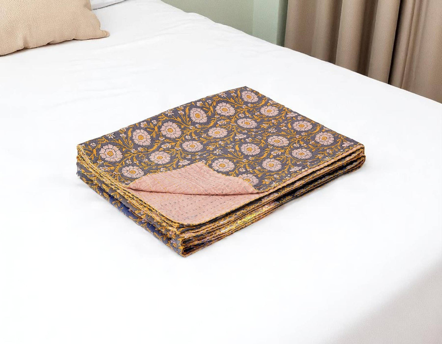 50" X 70" Gray And Yellow Floral Cotton Quilted Kantha Throw