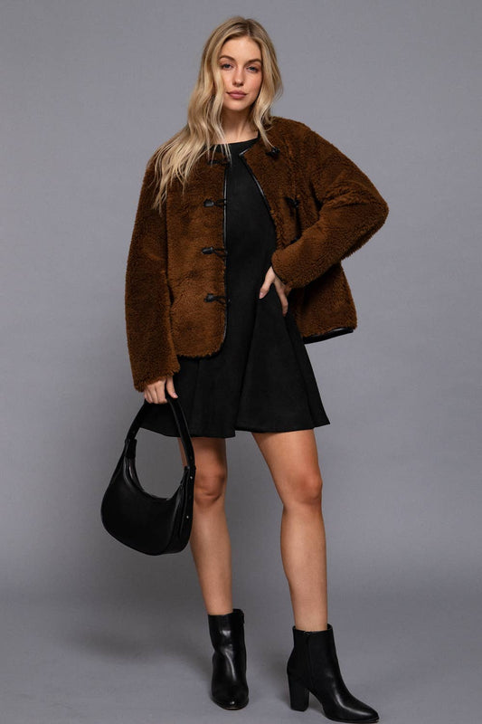 S-Long Sleeve Crew Neck with Toggle Look Button Fluffy Jacket: BRN-brown