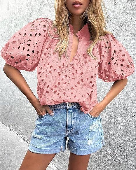 Eyelet high neck short sleeve blouse: White / XL