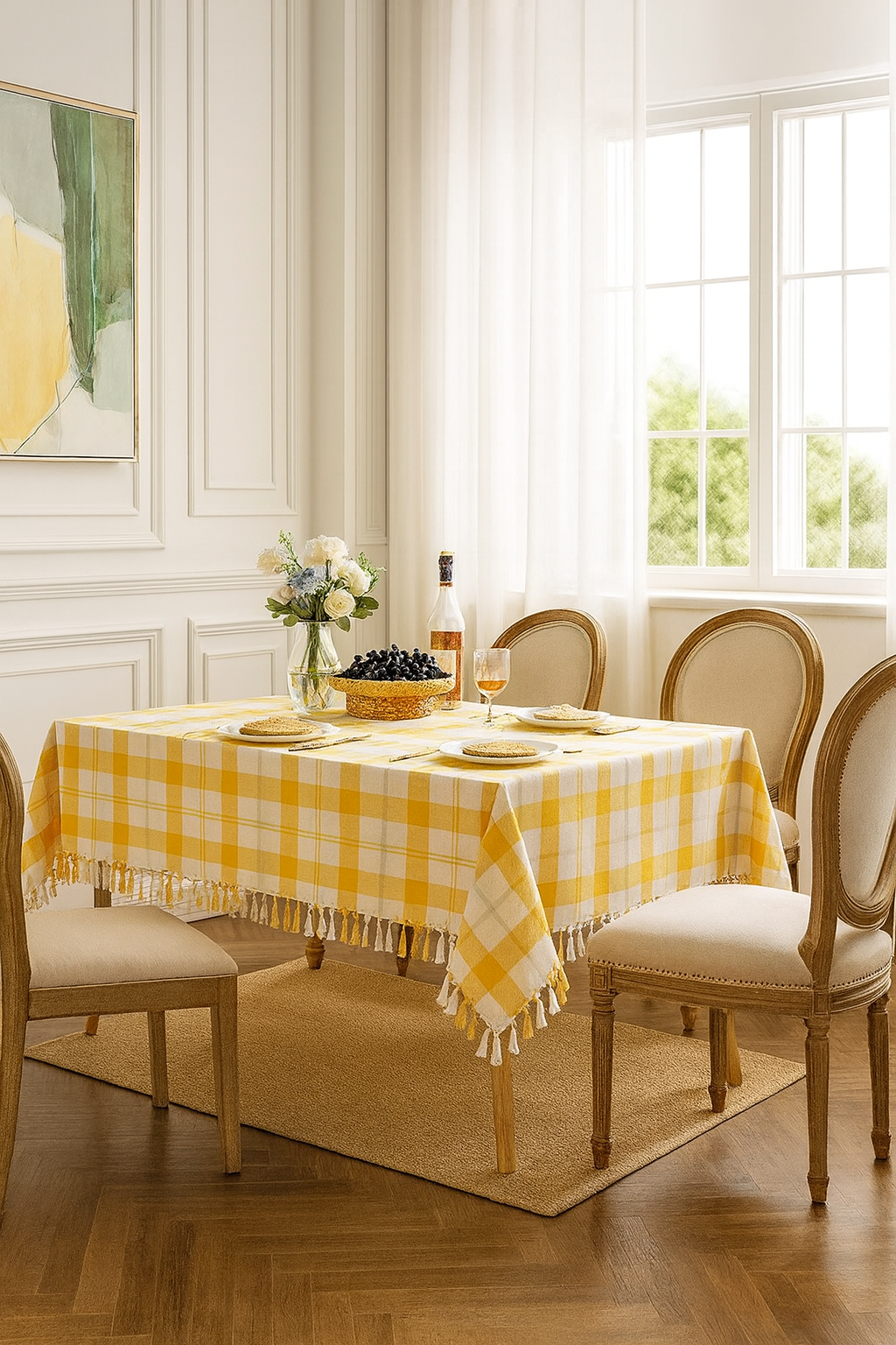 Yellow & White Plaid Cotton Blend  Tablecloth with Tassels: 56"X80"
