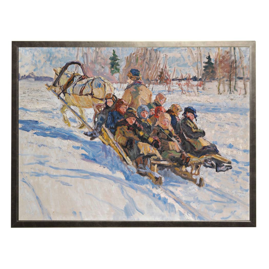 Vintage winter scene with children in sled: Black Frame 2400-35 Za / 10" X 8"