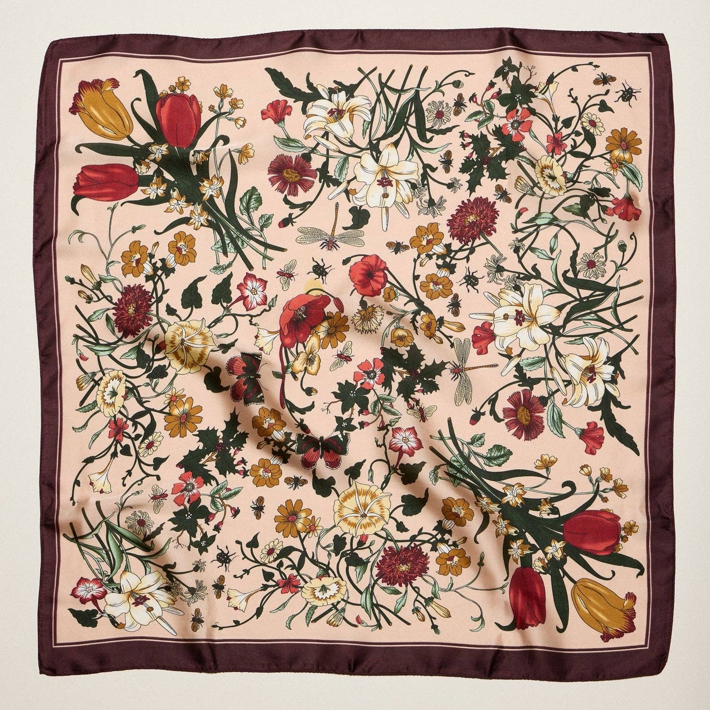 Vintage Botanical Floral Square Scarf | Elegant Garden Print Satin Neck & Hair Scarf: BL / ONE