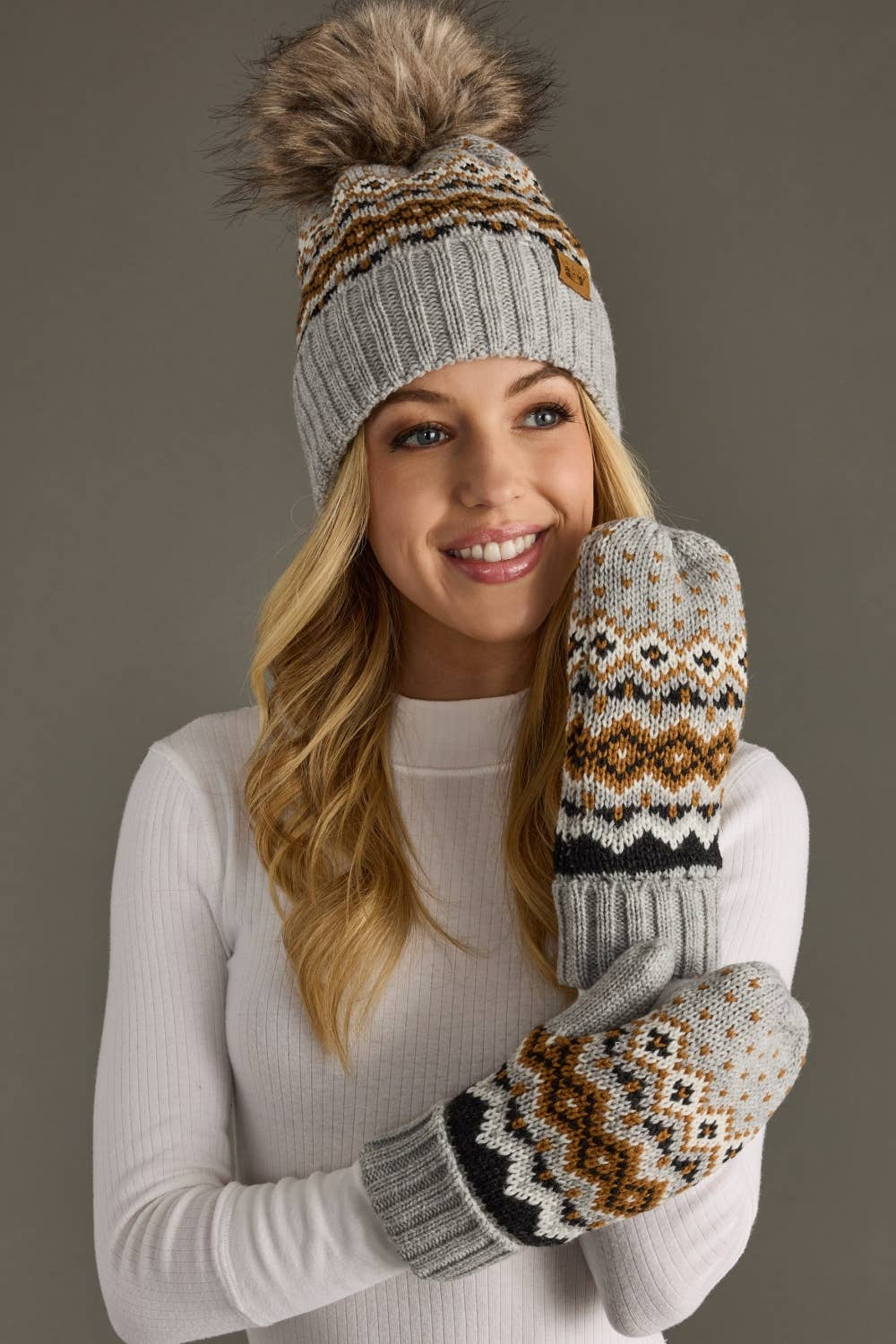 Gray, Camel & Black Patterned Pom Hat