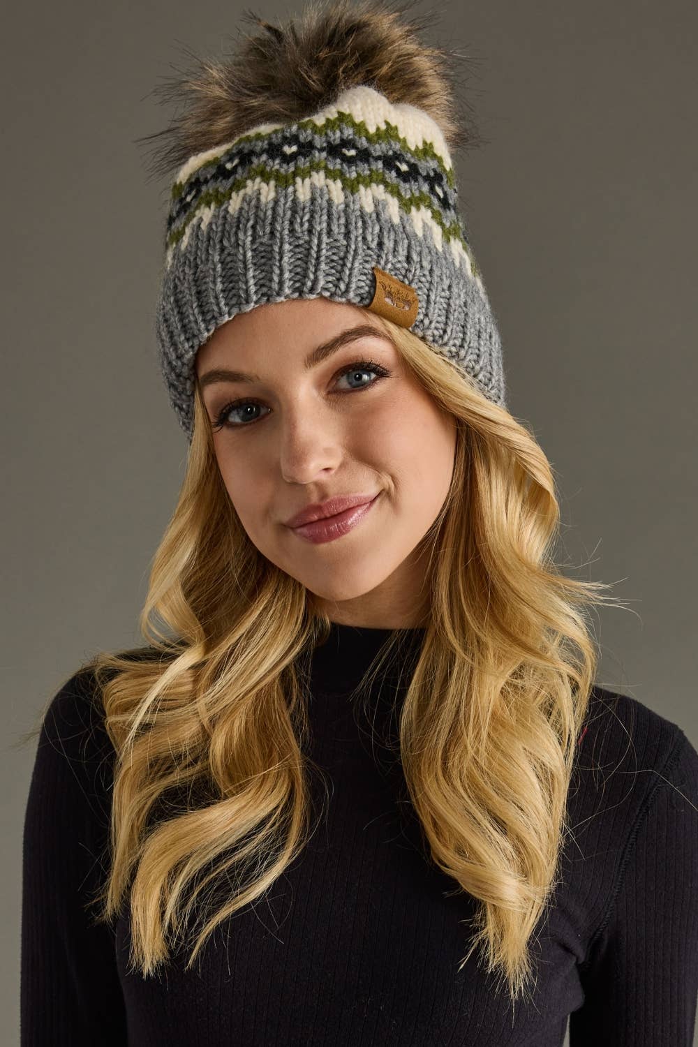 Cream, Green, Black & Gray Patterned Pom Hat