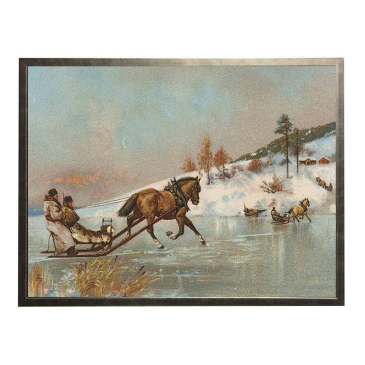 Vintage oil reproduction of sledding on ice: Shaped Copper & Black 80433 Ra / 10" X 8"