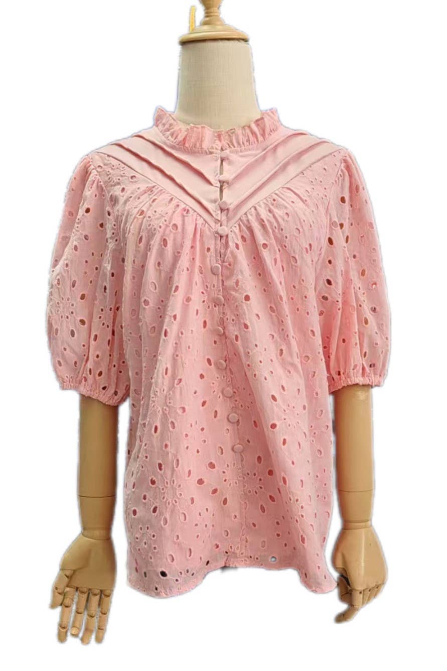 Eyelet high neck short sleeve blouse: White / XL
