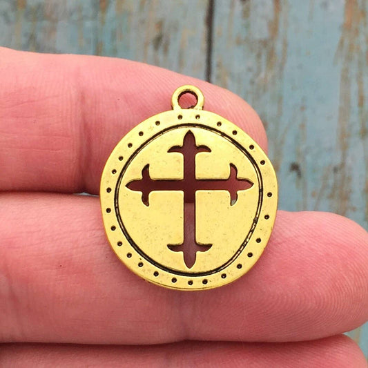 3 Fleur de Lis Cross Charm Pendants in Gold by TIJC