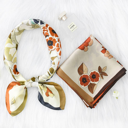 Green Elegant Floral Satin Scarf for Work & Sun