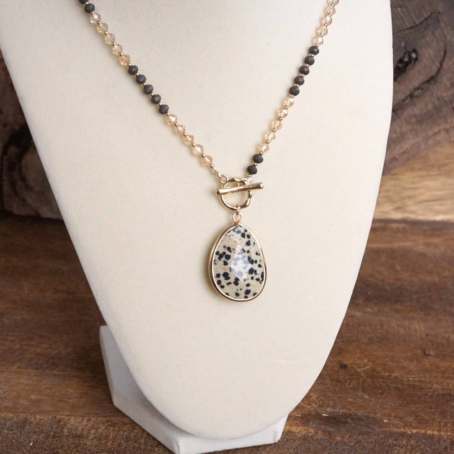 Short Beaded Necklace with Semi-Precious Teardrop Stone Pendant: Neutrals