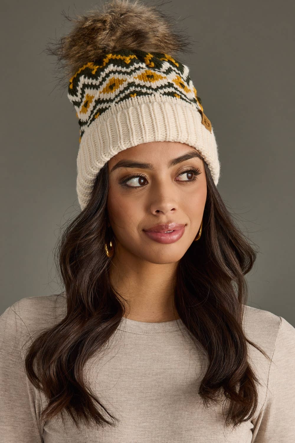 Cream, Olive & Mustard Patterned Pom Hat