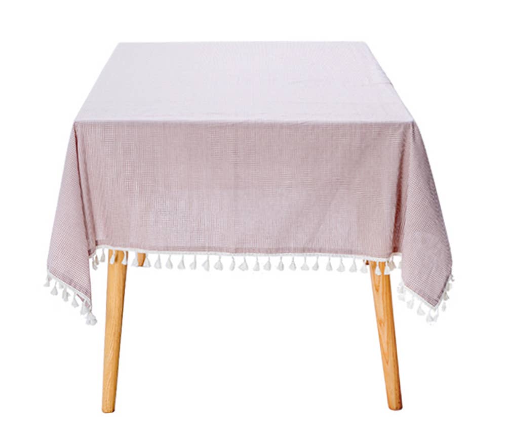 Purple Gingham Plaid Tasseled Cotton Tablecloth: 56"x80"
