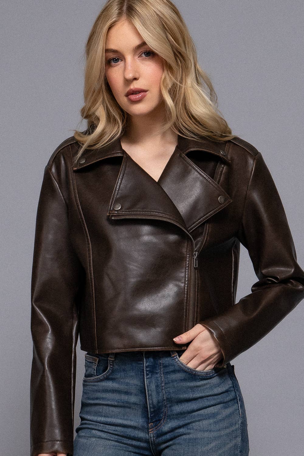 Long Sleeve Vintage Wash Faux Leather Crop Moto Jacket: BLK-black / L