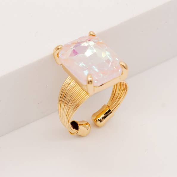 Square Glass Cushion Cut Cocktail Adjustable Wire Ring: ROSE-AB