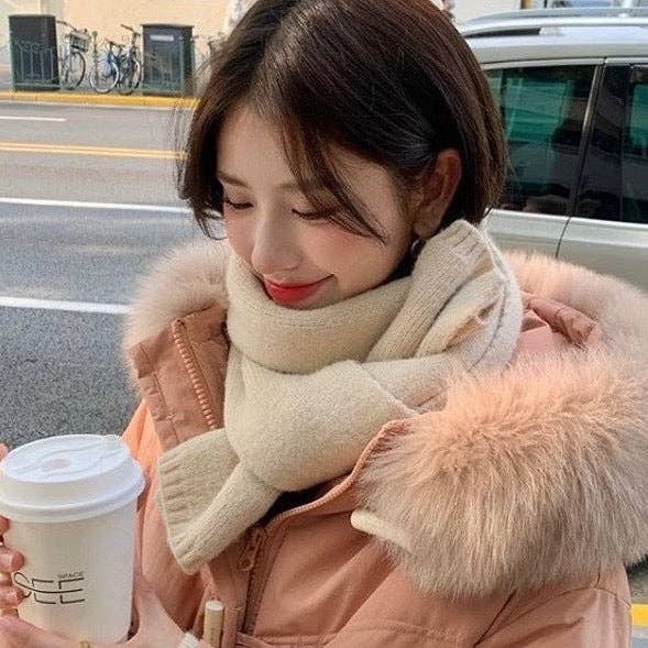 Black:Classic Solid Color Knitted Scarf: