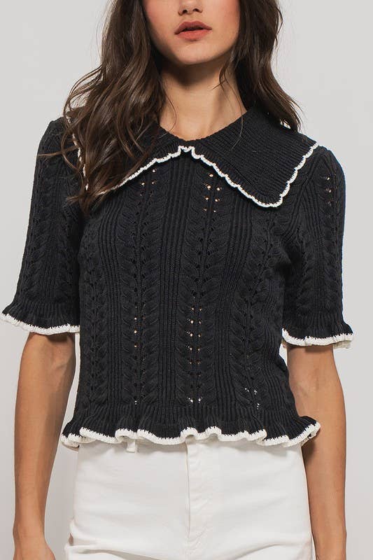 Black Crochet Knit Short Sleeve Top