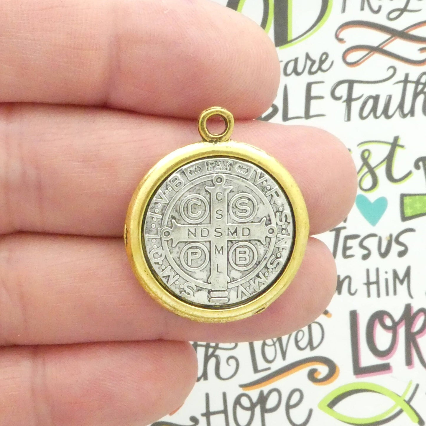 Silver St Benedict Charm in Gold Bezel, 31x27mm Pendant