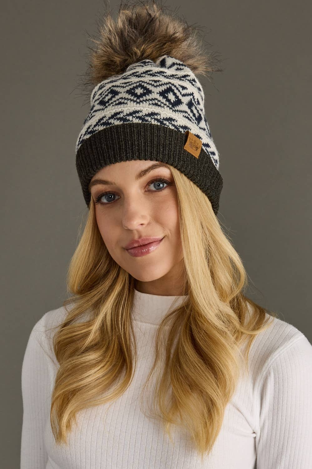 Ivory, Navy & Dk. Gray Pattern Pom Hat