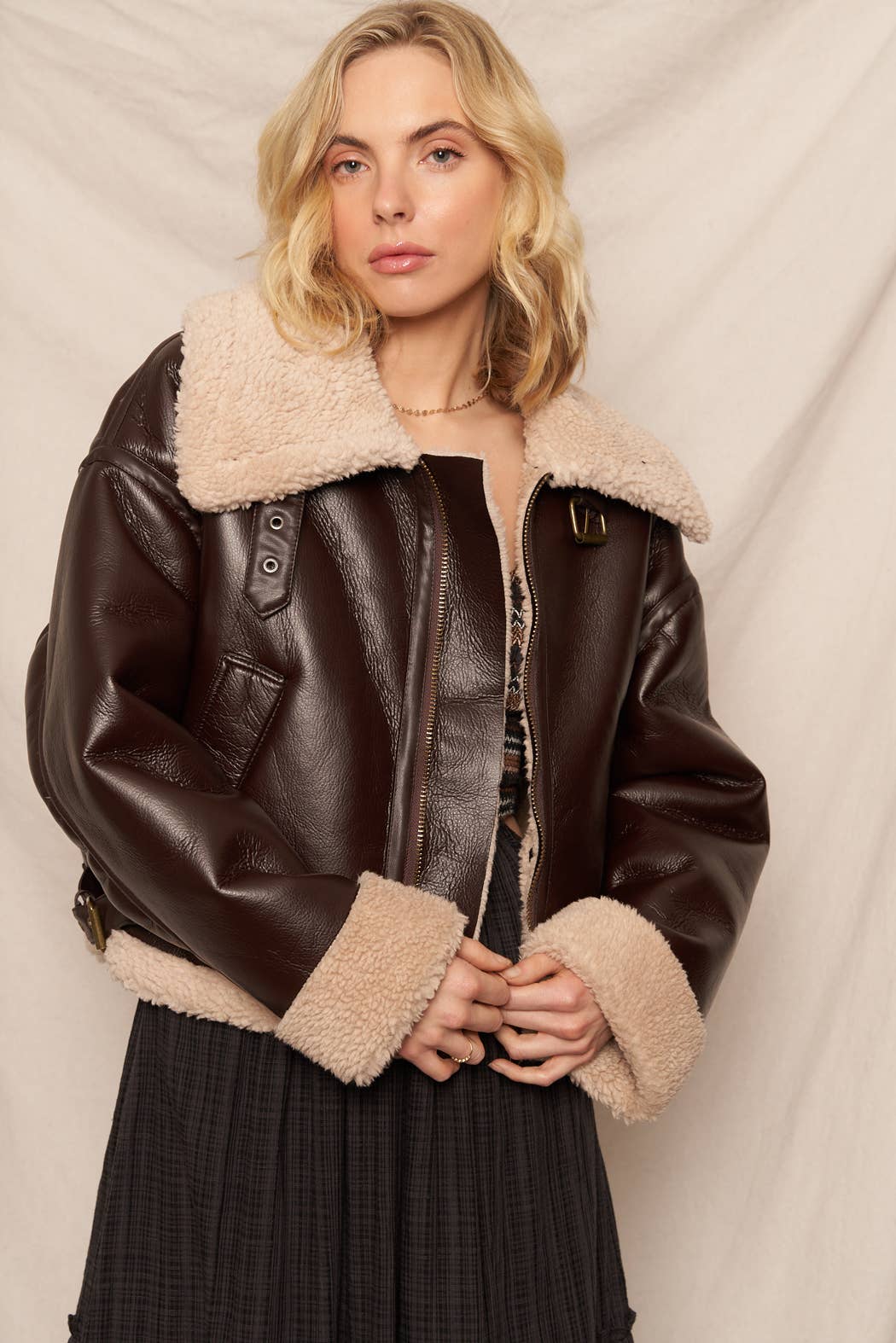 Oversized Faux Leather Aviator Jacket with Sherpa Trim: Brown / S
