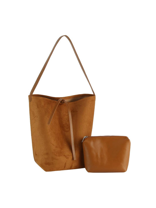 Brown Suede Bucket Bag w/Clutch