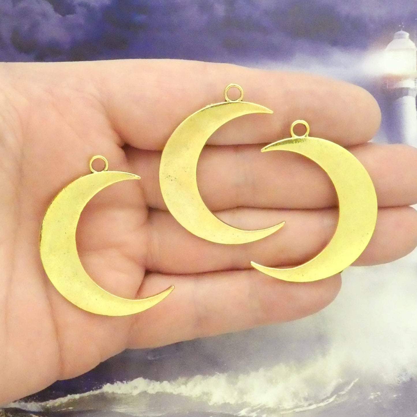 3 Gold Crescent Moon Charm Pendants by TIJC