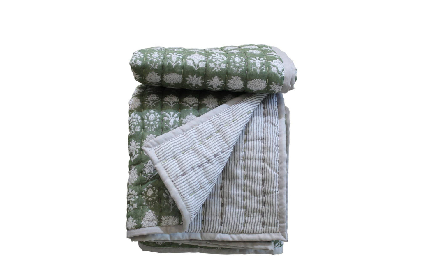 Block Printed Kantha Quilted Cotton Throw Blanket