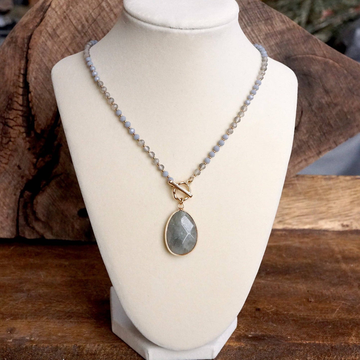 Short Beaded Necklace with Semi-Precious Teardrop Stone Pendant: Neutrals