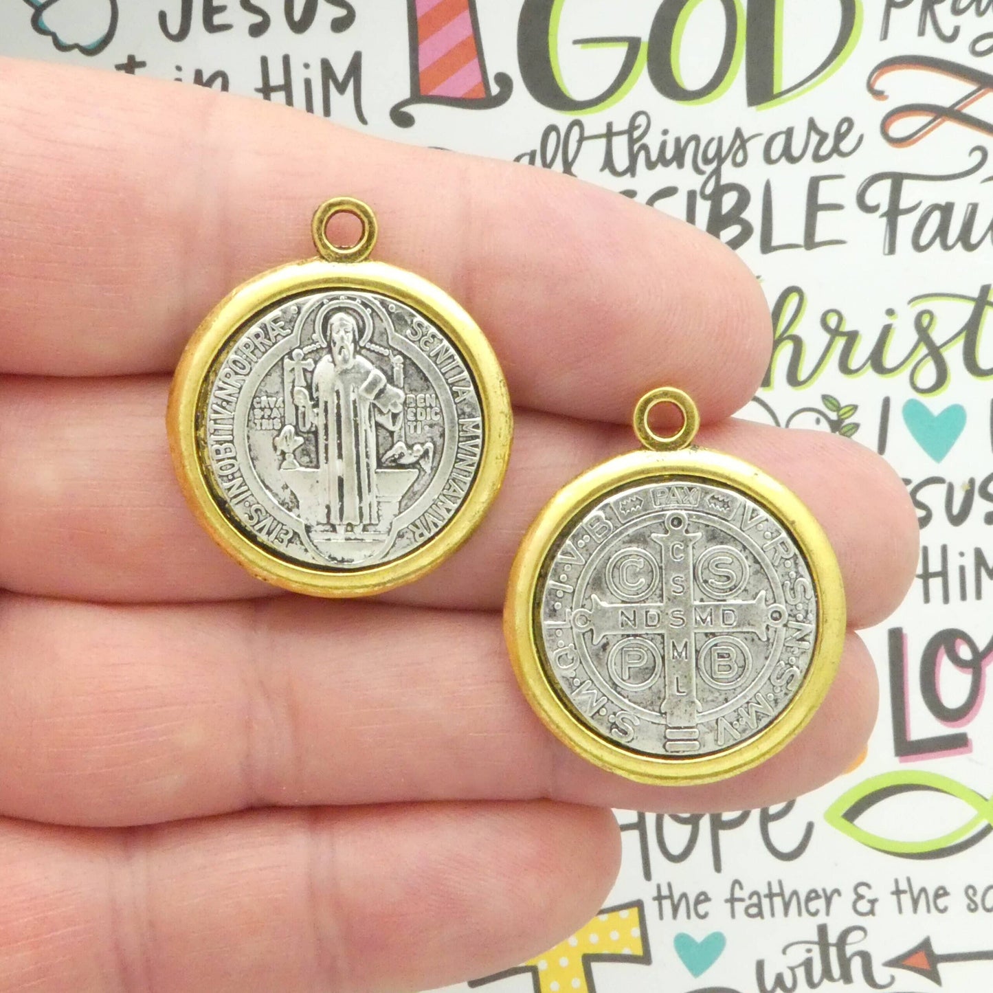 Silver St Benedict Charm in Gold Bezel, 31x27mm Pendant