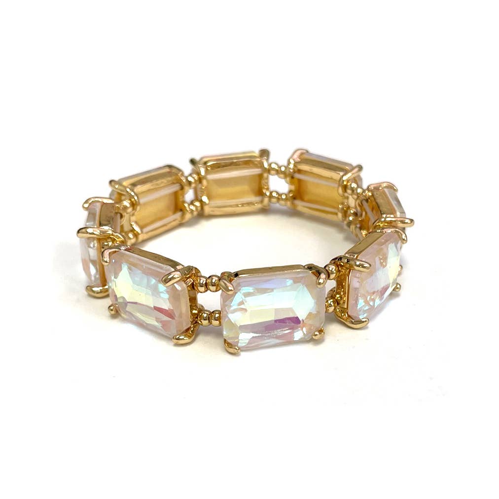 Rectangular Glass Crystal Linked Stretch Bracelet: Black Multi