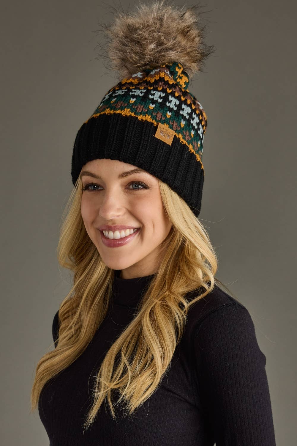 Black & Multicolored Patterned Pom Hat