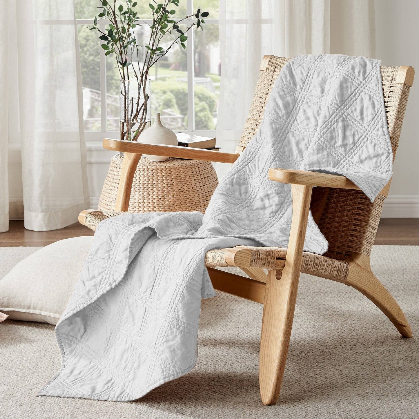 French Flax Washed Linen Quilted Throw: White