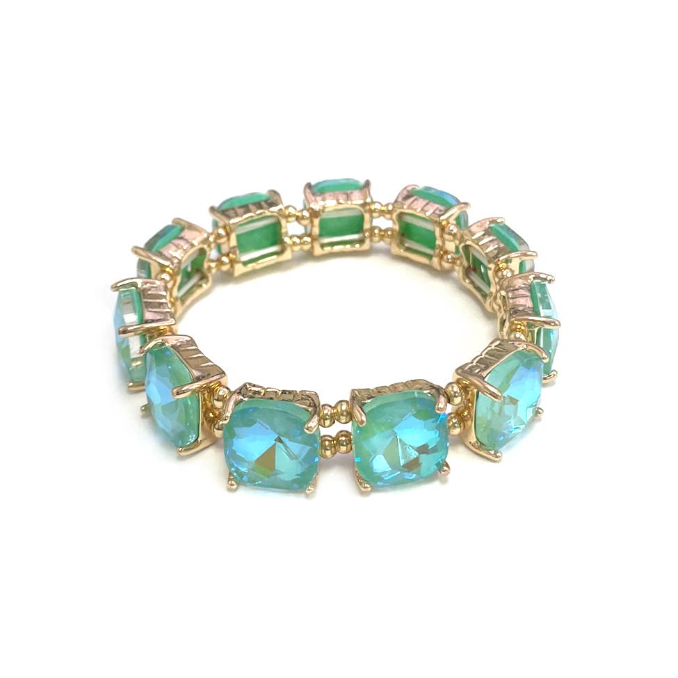 Cushion Cut Glass Crystal Linked Stretch Bracelet: MINT-AB