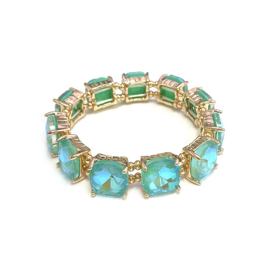 Cushion Cut Glass Crystal Linked Stretch Bracelet: MINT-AB