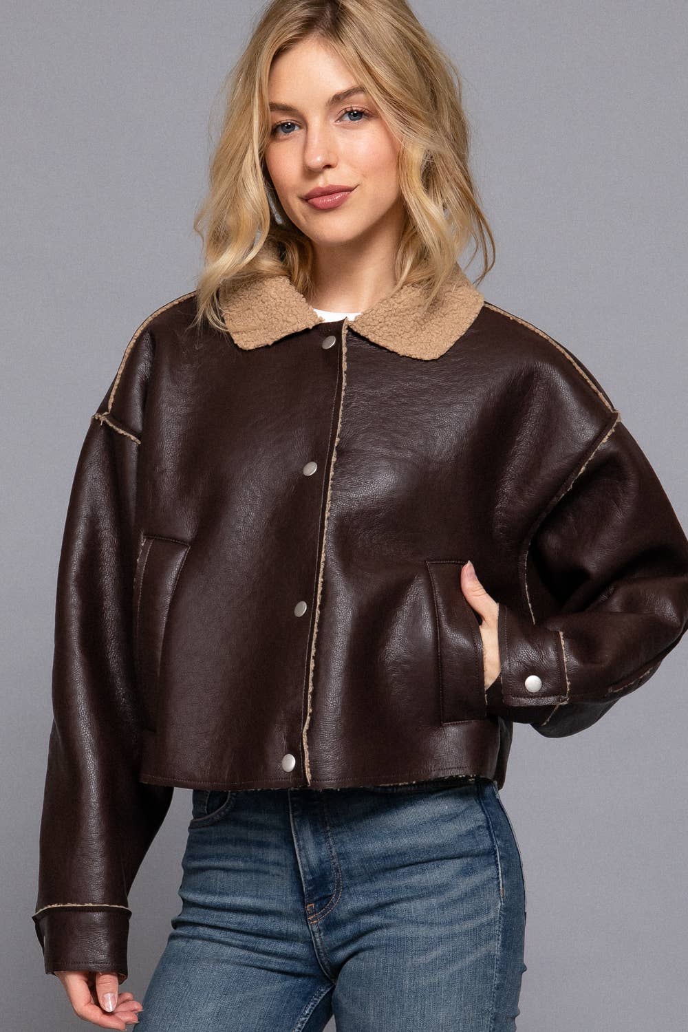 Long Sleeve Faux Leather Inner Fur Jacket: BRN-dark chocolate / L