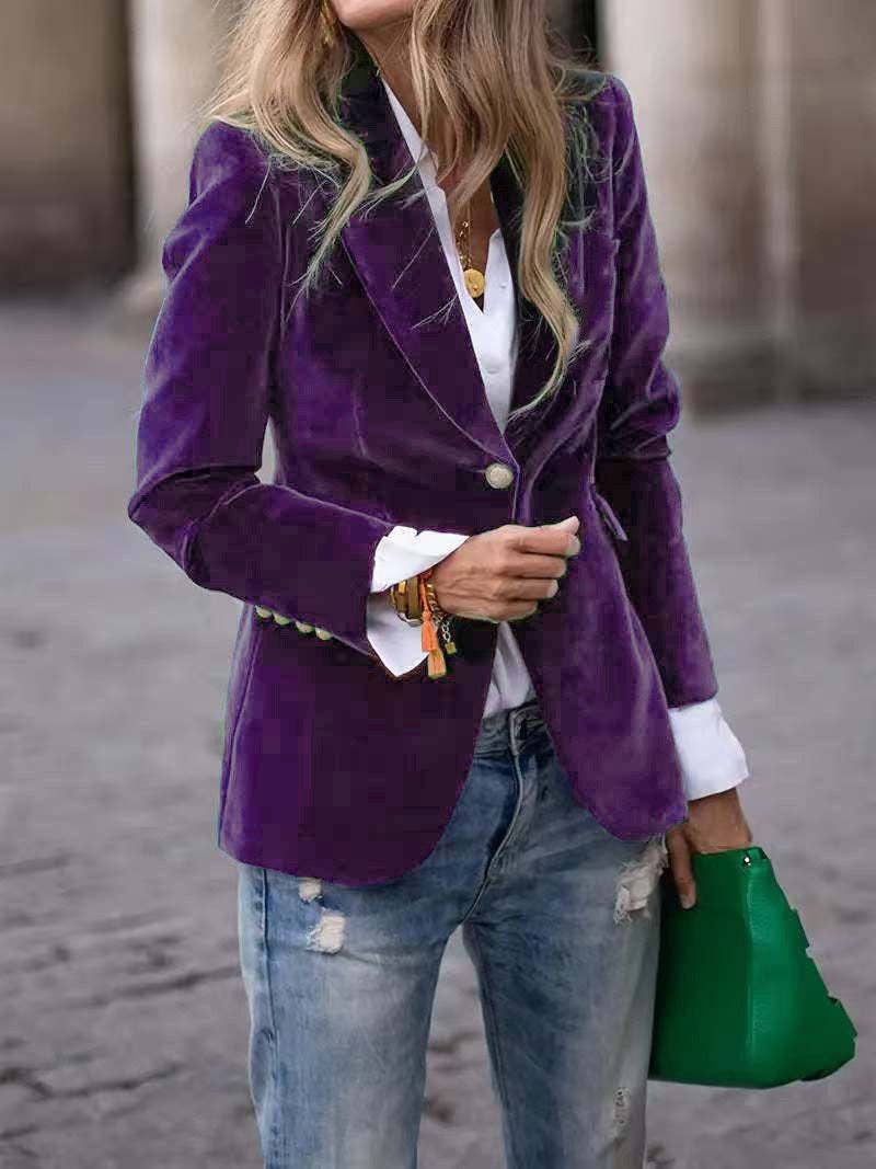Women's Velvet Blazer One Button Elegant Office Jacket: Army Green / M