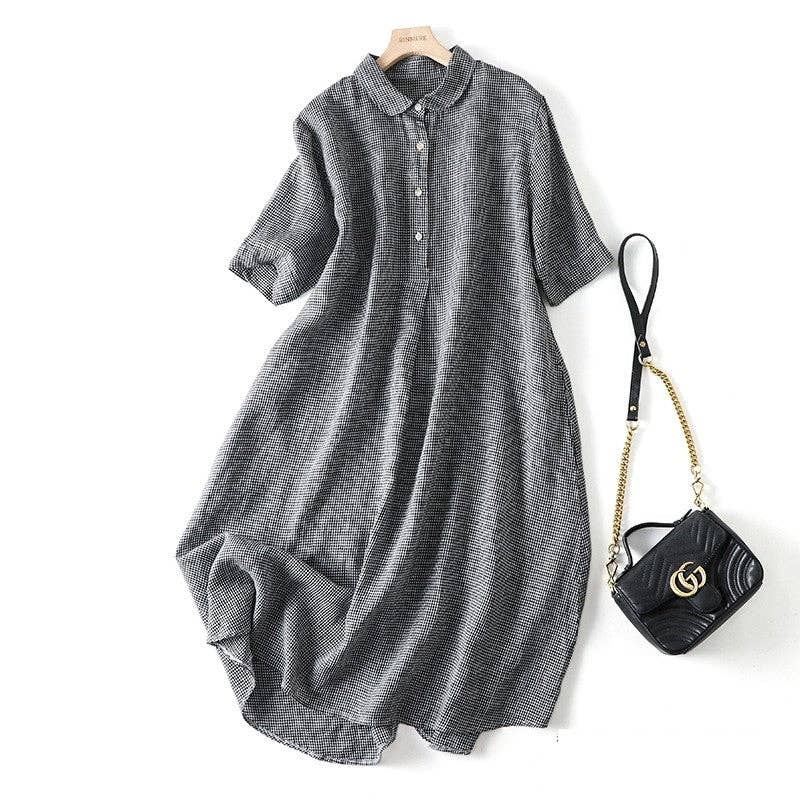 Short Sleeve Lapel A-Line Ramie Cotton Casual Retro Dress: BLACK / L