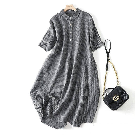 Short Sleeve Lapel A-Line Ramie Cotton Casual Retro Dress: BLACK / M