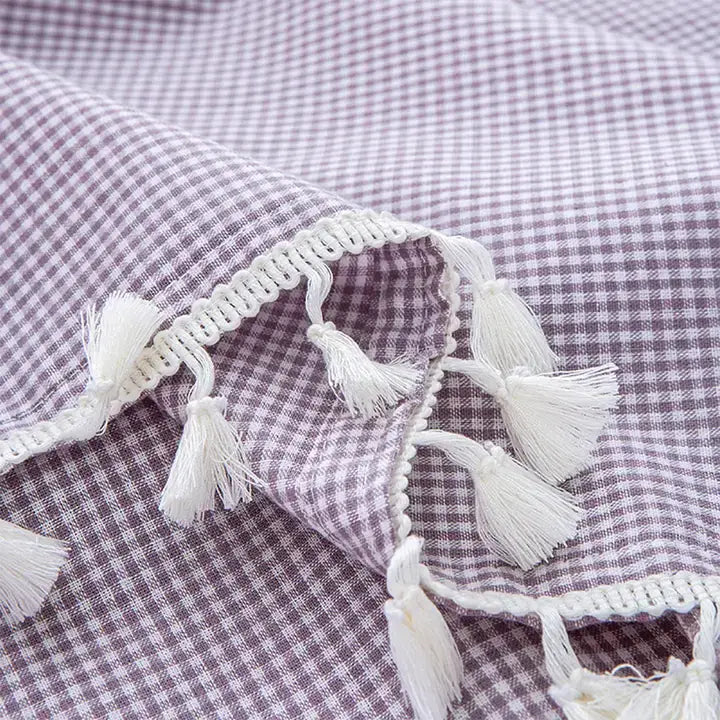 Purple Gingham Plaid Tasseled Cotton Tablecloth: 56"x80"