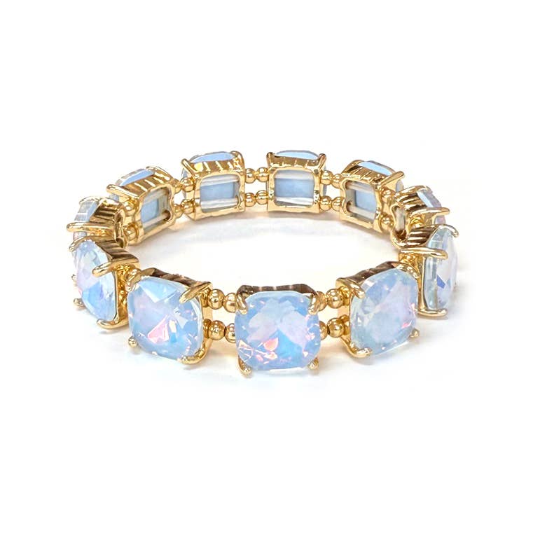 Cushion Cut Glass Crystal Linked Stretch Bracelet: MINT-AB