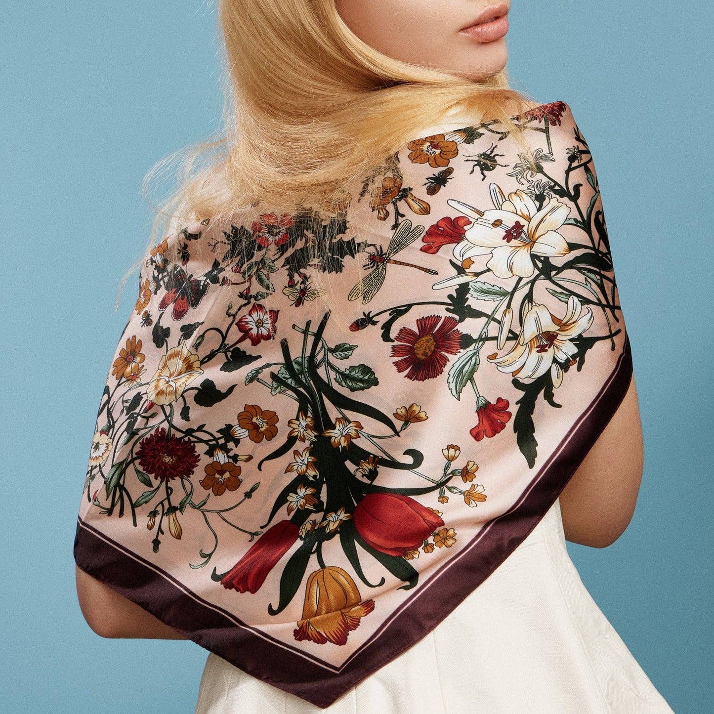 Vintage Botanical Floral Square Scarf | Elegant Garden Print Satin Neck & Hair Scarf: BL / ONE