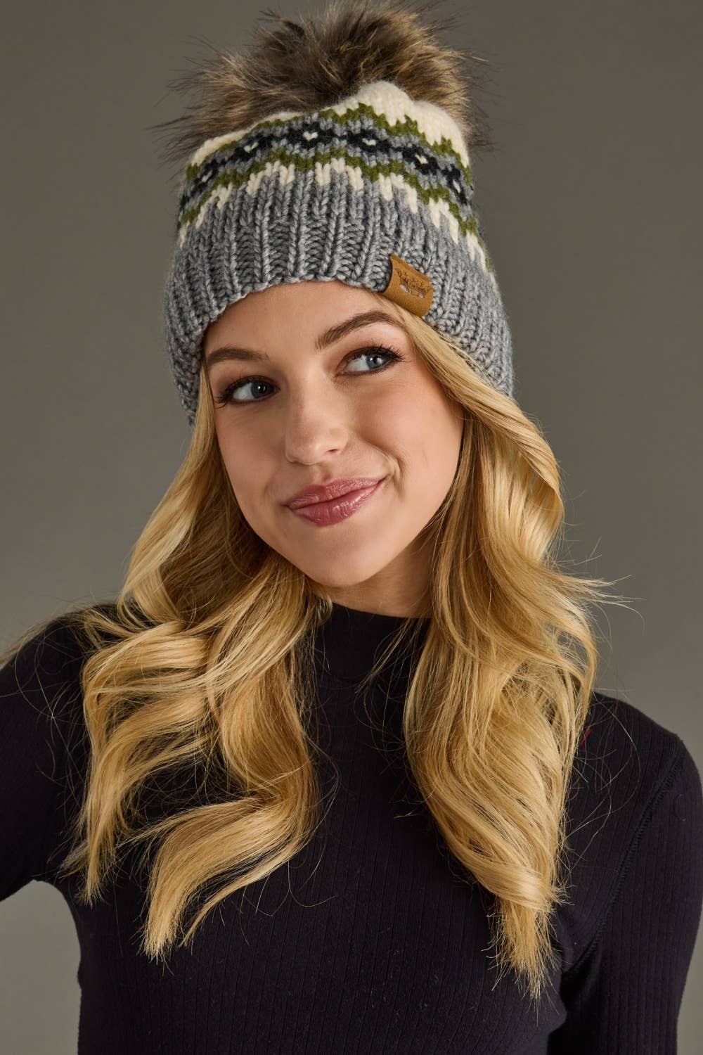 Cream, Green, Black & Gray Patterned Pom Hat