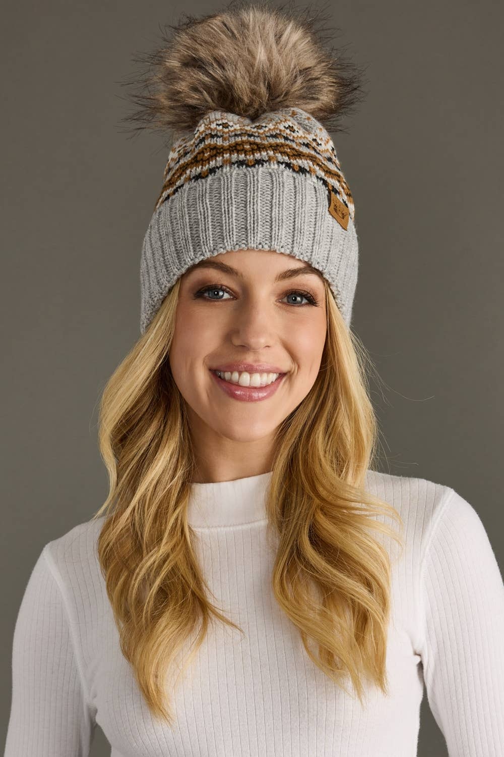 Gray, Camel & Black Patterned Pom Hat