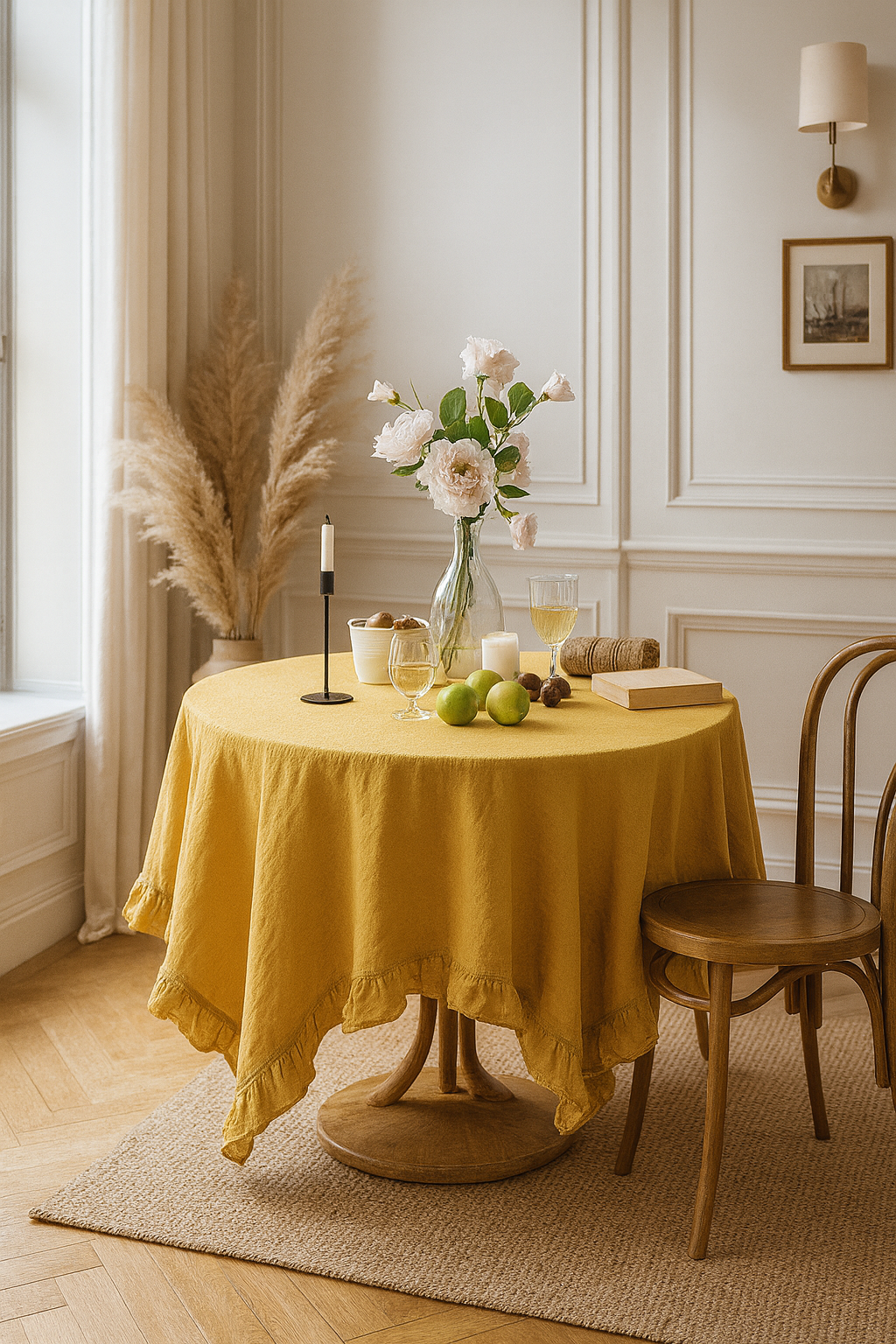 Yellow French Embroidered Ruffled Cotton Tablecloth: 55"X70" Rectangular