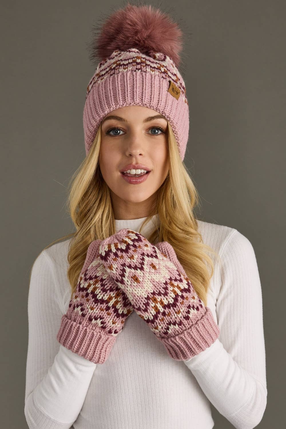 Pink, White & Rust Patterned Pom Hat